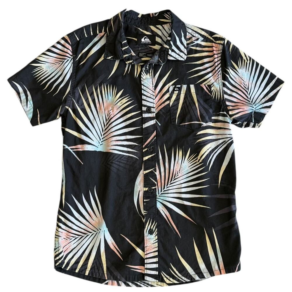 QUIKSILVER Boys Short Sleeve Button Down Tropical Print Top Size Small/10